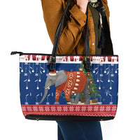 Laos Christmas Leather Tote Bag with Festive Elephant Design and Holiday Village Pattern - Wonder Print Shop