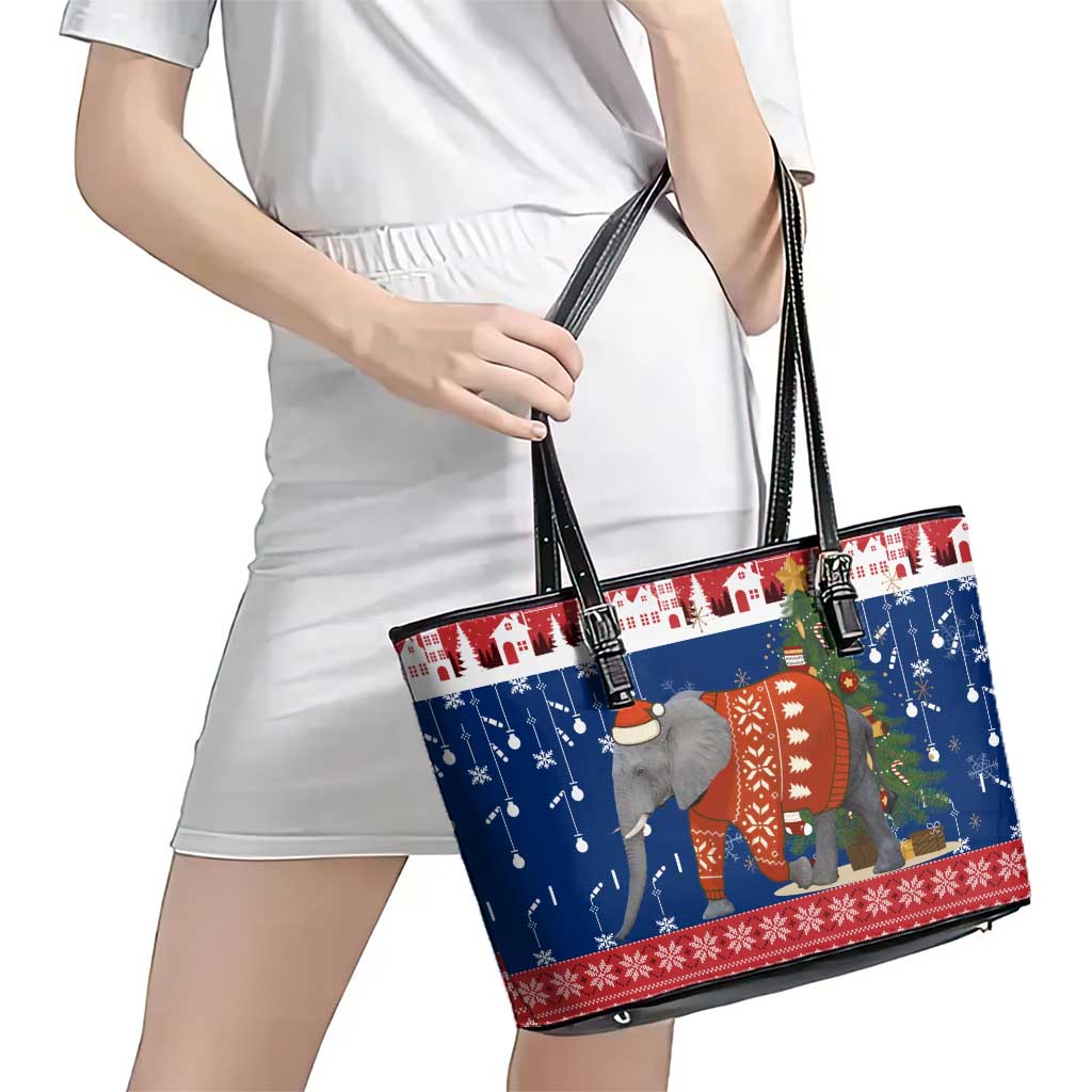 Laos Christmas Leather Tote Bag with Festive Elephant Design and Holiday Village Pattern - Wonder Print Shop