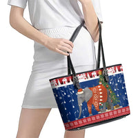 Laos Christmas Leather Tote Bag with Festive Elephant Design and Holiday Village Pattern - Wonder Print Shop