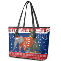 Laos Christmas Leather Tote Bag with Festive Elephant Design and Holiday Village Pattern - Wonder Print Shop