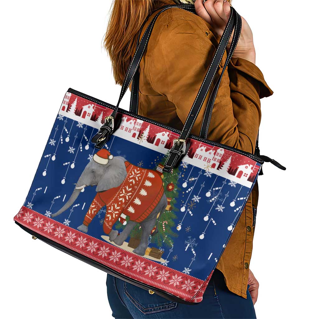 Laos Christmas Leather Tote Bag with Festive Elephant Design and Holiday Village Pattern - Wonder Print Shop