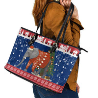 Laos Christmas Leather Tote Bag with Festive Elephant Design and Holiday Village Pattern - Wonder Print Shop