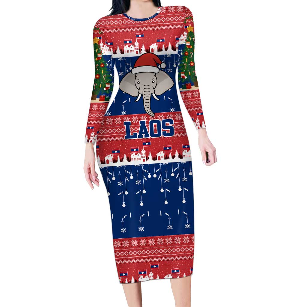 Laos Christmas Long Sleeve Bodycon Dress with Festive Elephant Design and Holiday Village Pattern - Wonder Print Shop