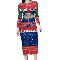 Laos Christmas Long Sleeve Bodycon Dress with Festive Elephant Design and Holiday Village Pattern - Wonder Print Shop