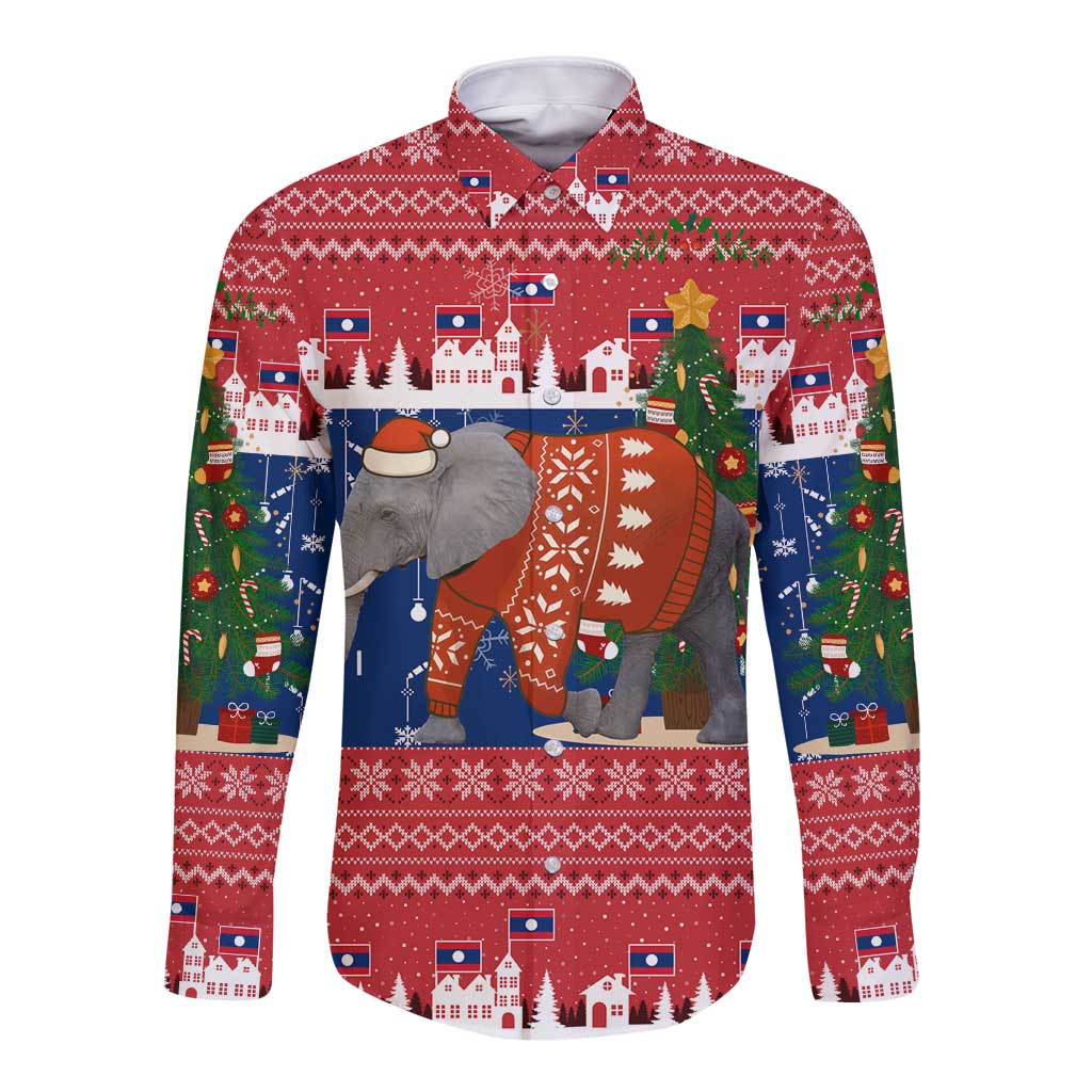 Laos Christmas Long Sleeve Button Shirt with Festive Elephant Design and Holiday Village Pattern - Wonder Print Shop