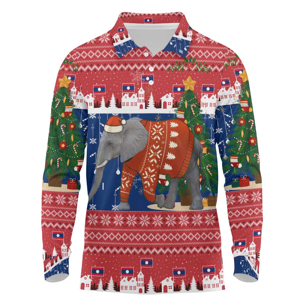 Laos Christmas Long Sleeve Polo Shirt with Festive Elephant Design and Holiday Village Pattern - Wonder Print Shop