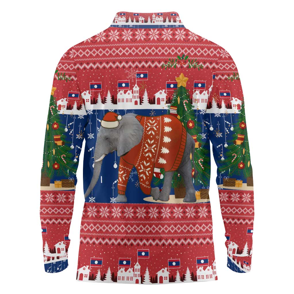 Laos Christmas Long Sleeve Polo Shirt with Festive Elephant Design and Holiday Village Pattern - Wonder Print Shop