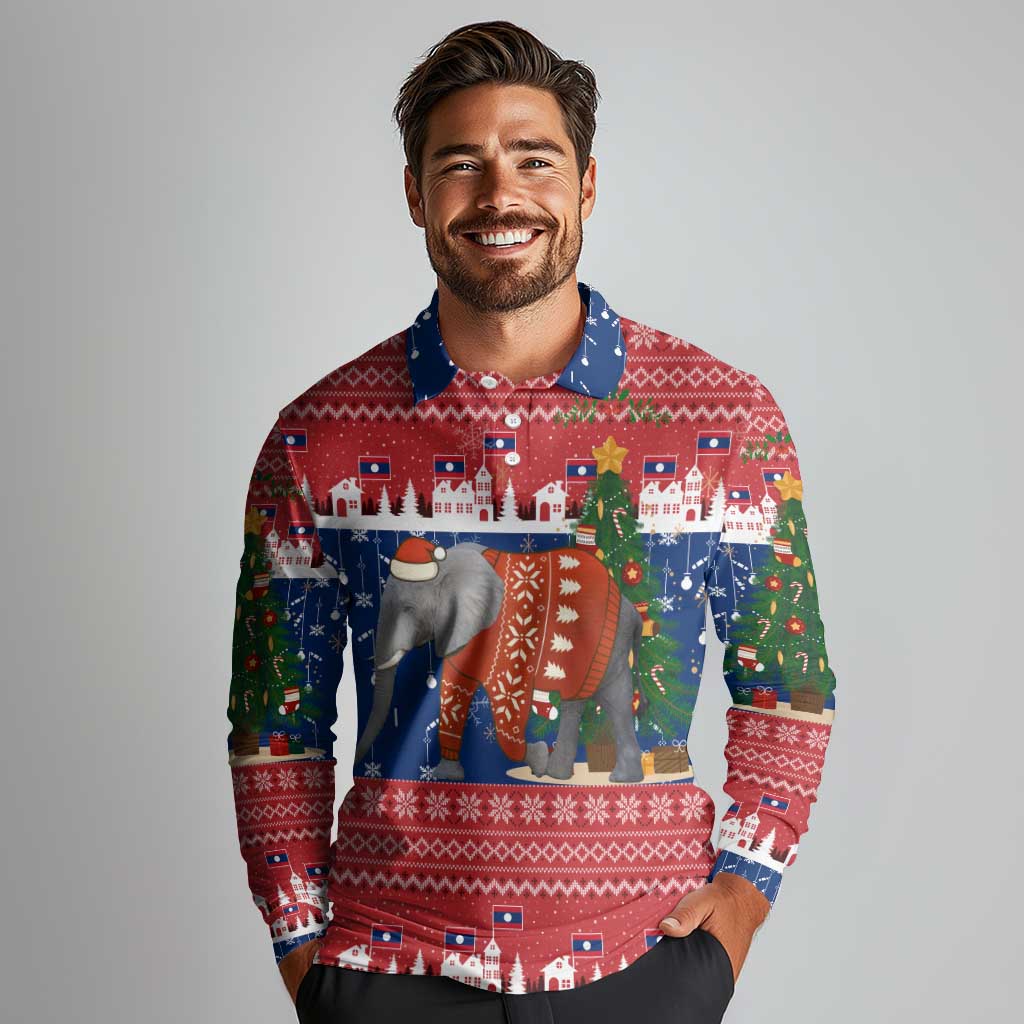Laos Christmas Long Sleeve Polo Shirt with Festive Elephant Design and Holiday Village Pattern - Wonder Print Shop