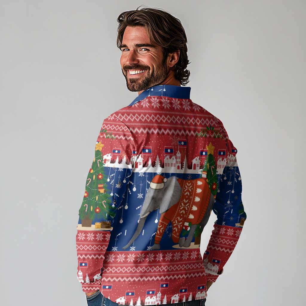 Laos Christmas Long Sleeve Polo Shirt with Festive Elephant Design and Holiday Village Pattern - Wonder Print Shop