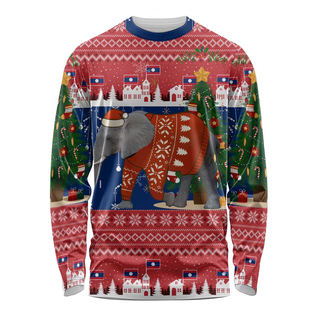 Laos Christmas Long Sleeve Shirt with Festive Elephant Design and Holiday Village Pattern - Wonder Print Shop