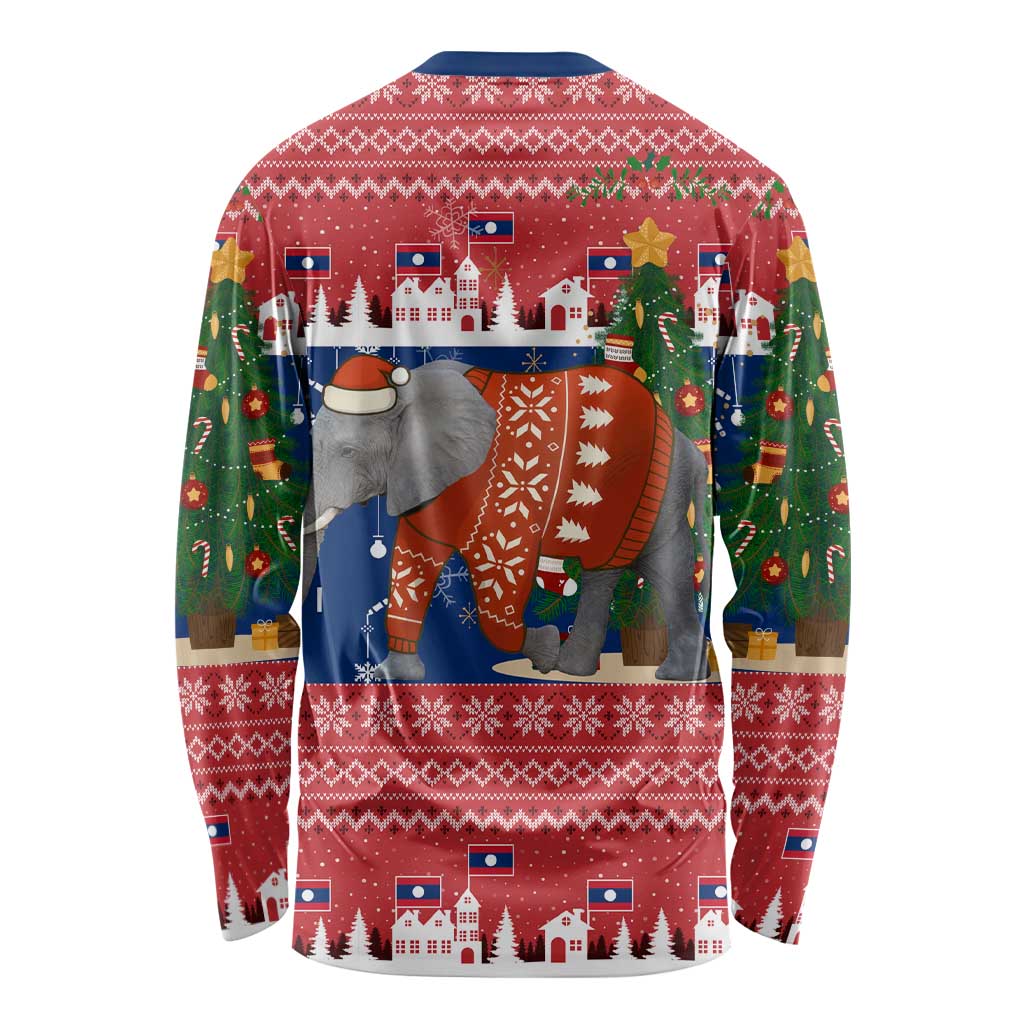 Laos Christmas Long Sleeve Shirt with Festive Elephant Design and Holiday Village Pattern - Wonder Print Shop