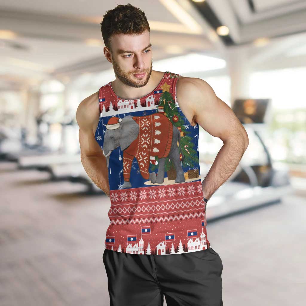 Laos Christmas Men Tank Top with Festive Elephant Design and Holiday Village Pattern - Wonder Print Shop