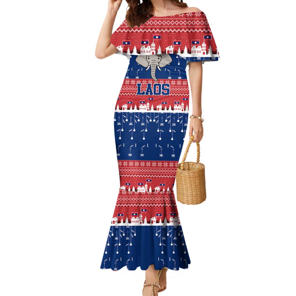 Laos Christmas Mermaid Dress with Festive Elephant Design and Holiday Village Pattern - Wonder Print Shop
