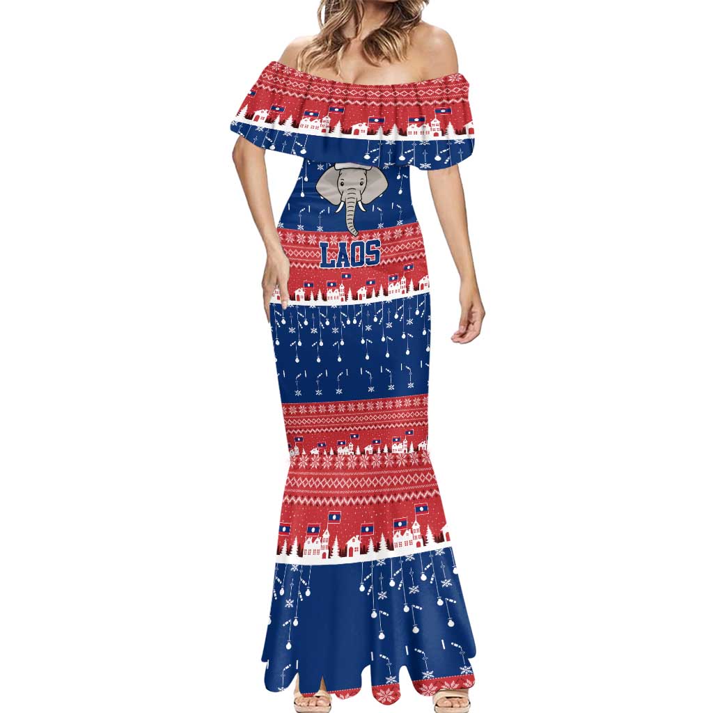 Laos Christmas Mermaid Dress with Festive Elephant Design and Holiday Village Pattern - Wonder Print Shop