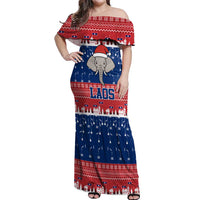Laos Christmas Off Shoulder Maxi Dress with Festive Elephant Design and Holiday Village Pattern - Wonder Print Shop