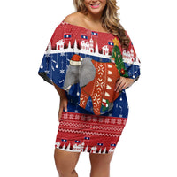 Laos Christmas Off Shoulder Short Dress with Festive Elephant Design and Holiday Village Pattern - Wonder Print Shop