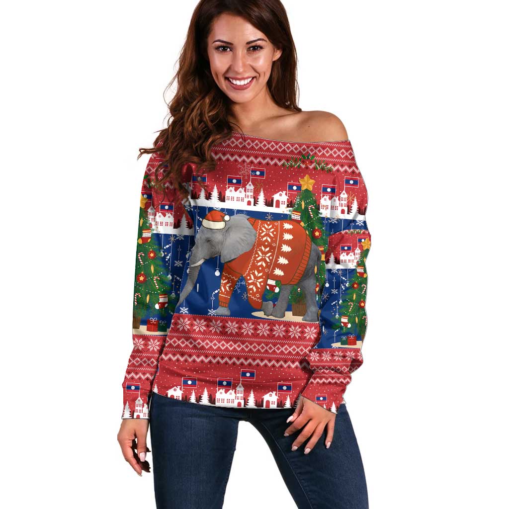 Laos Christmas Off Shoulder Sweater with Festive Elephant Design and Holiday Village Pattern - Wonder Print Shop