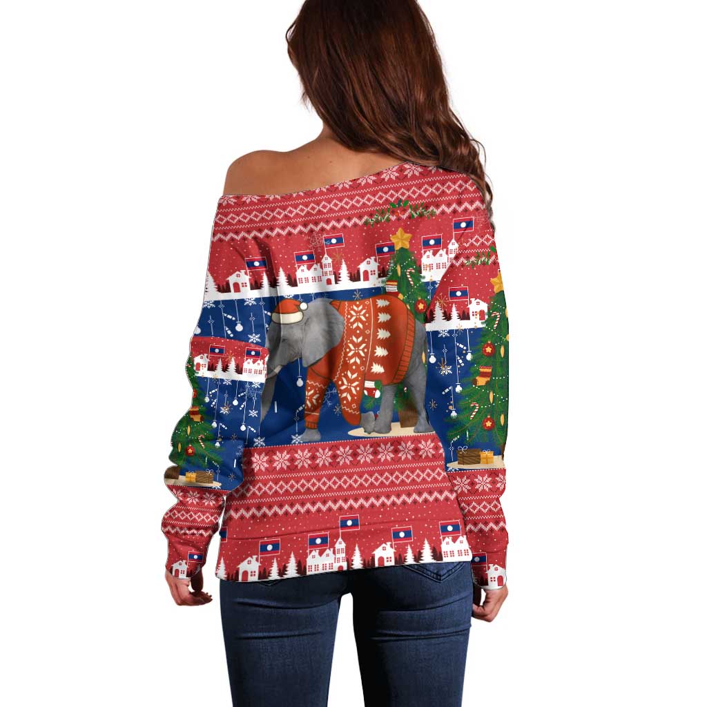 Laos Christmas Off Shoulder Sweater with Festive Elephant Design and Holiday Village Pattern - Wonder Print Shop