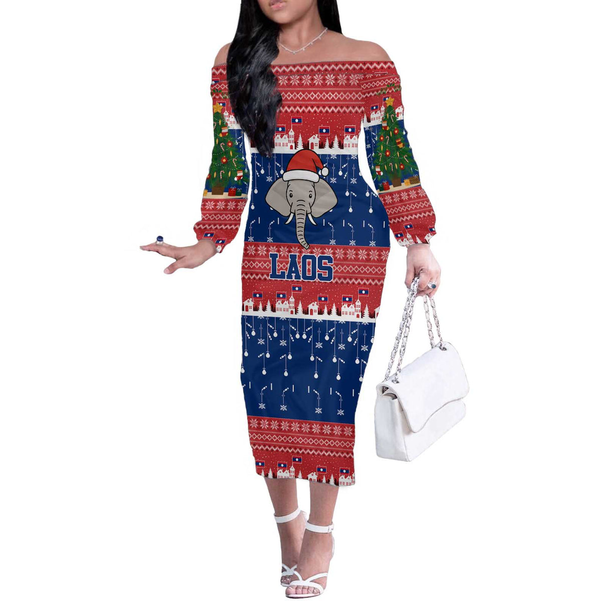 Laos Christmas Off The Shoulder Long Sleeve Dress with Festive Elephant Design and Holiday Village Pattern - Wonder Print Shop