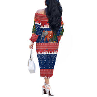 Laos Christmas Off The Shoulder Long Sleeve Dress with Festive Elephant Design and Holiday Village Pattern - Wonder Print Shop