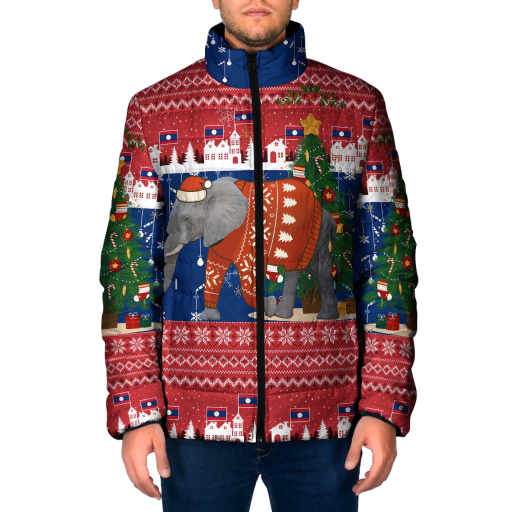 Laos Christmas Padded Jacket with Festive Elephant Design and Holiday Village Pattern - Wonder Print Shop