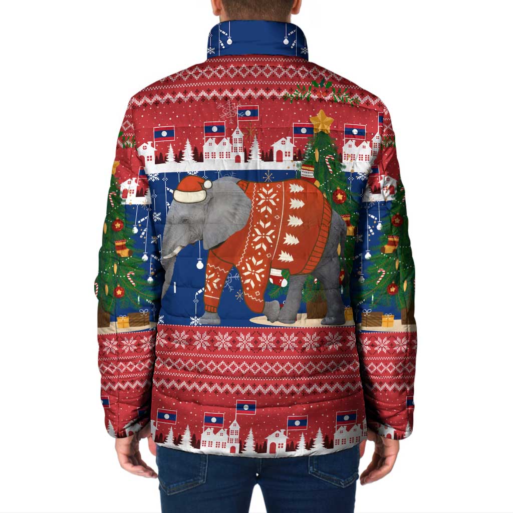 Laos Christmas Padded Jacket with Festive Elephant Design and Holiday Village Pattern - Wonder Print Shop