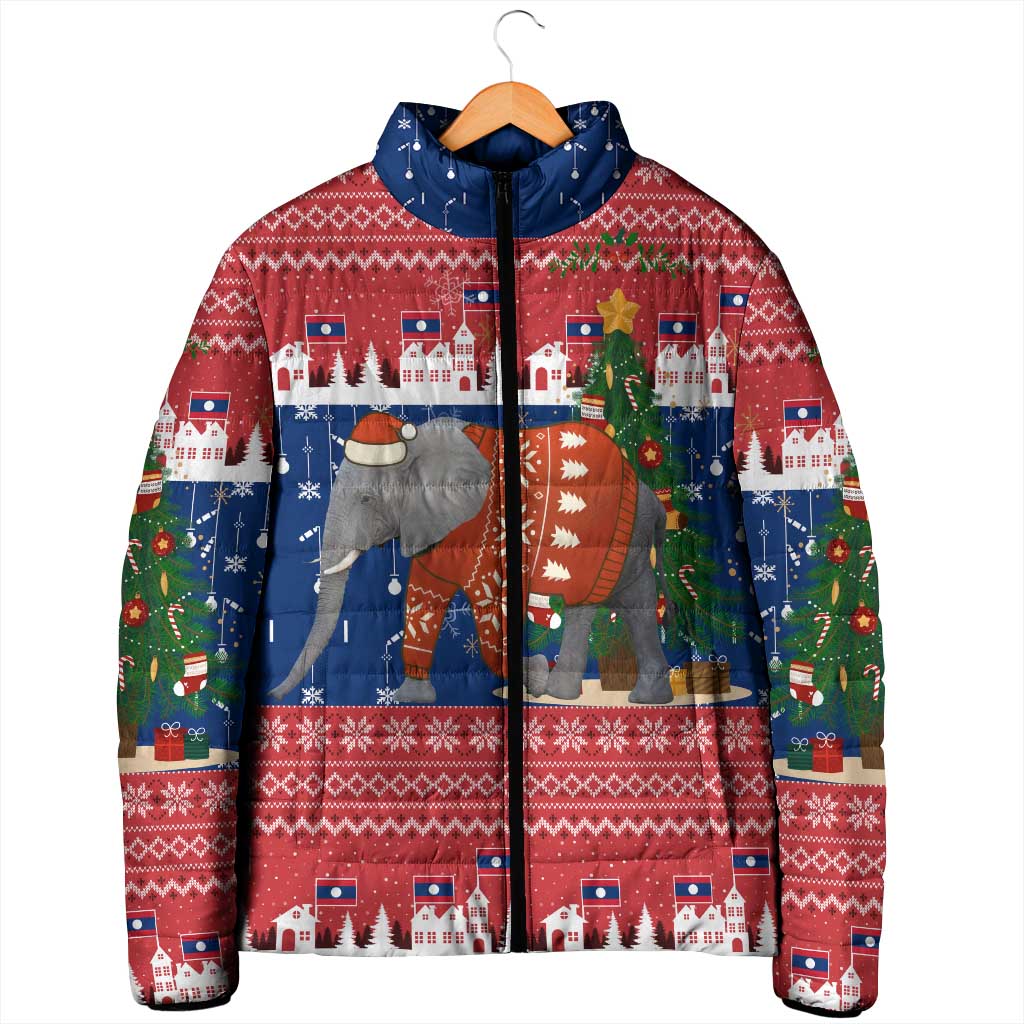 Laos Christmas Padded Jacket with Festive Elephant Design and Holiday Village Pattern - Wonder Print Shop