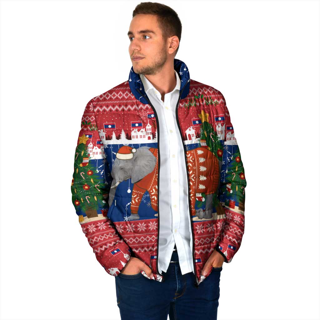 Laos Christmas Padded Jacket with Festive Elephant Design and Holiday Village Pattern - Wonder Print Shop