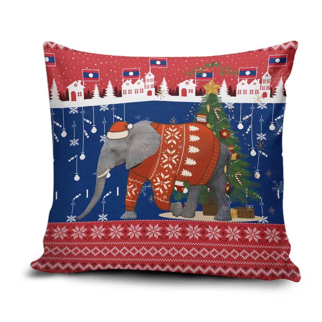 Laos Christmas Pillow Cover with Festive Elephant Design and Holiday Village Pattern - Wonder Print Shop