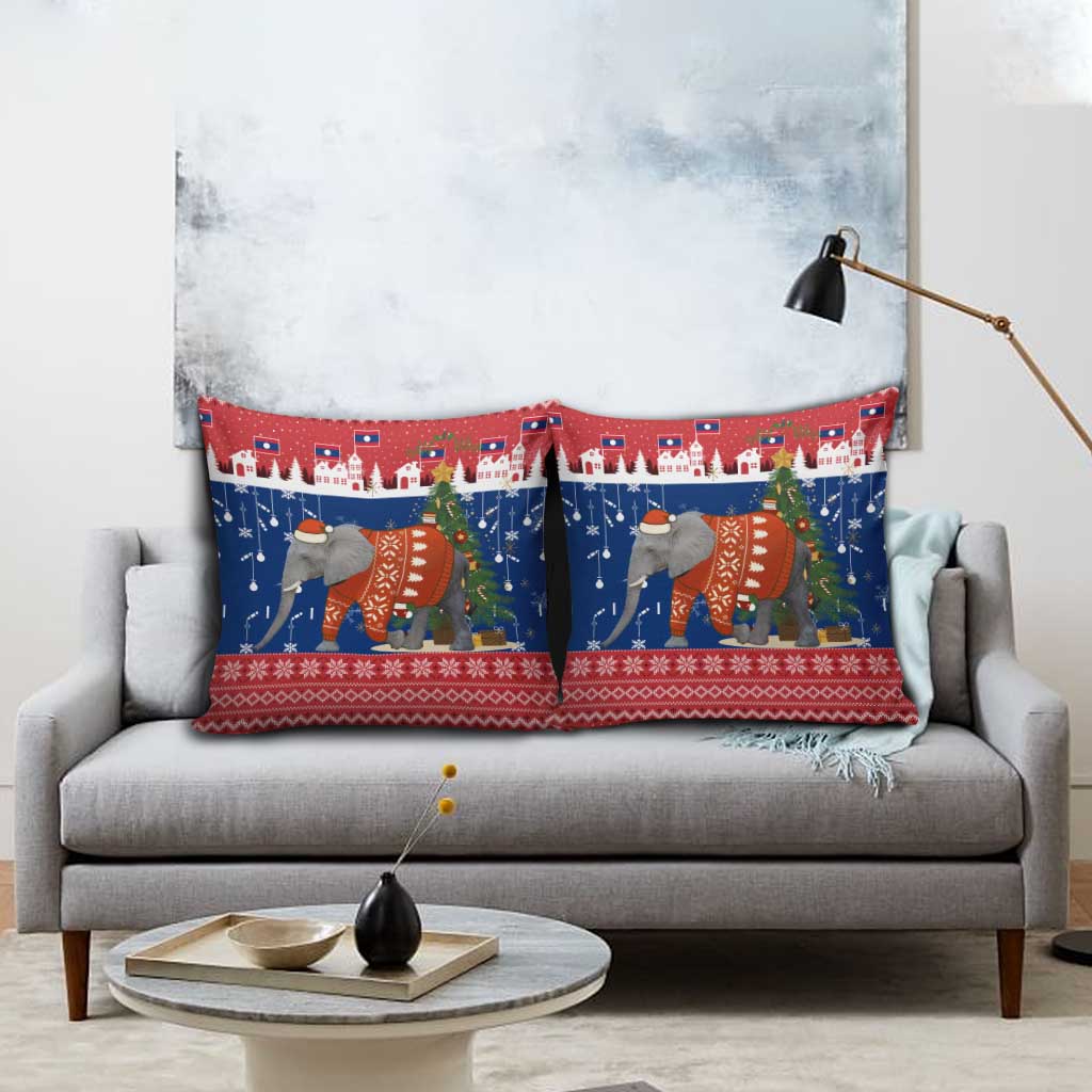 Laos Christmas Pillow Cover with Festive Elephant Design and Holiday Village Pattern - Wonder Print Shop