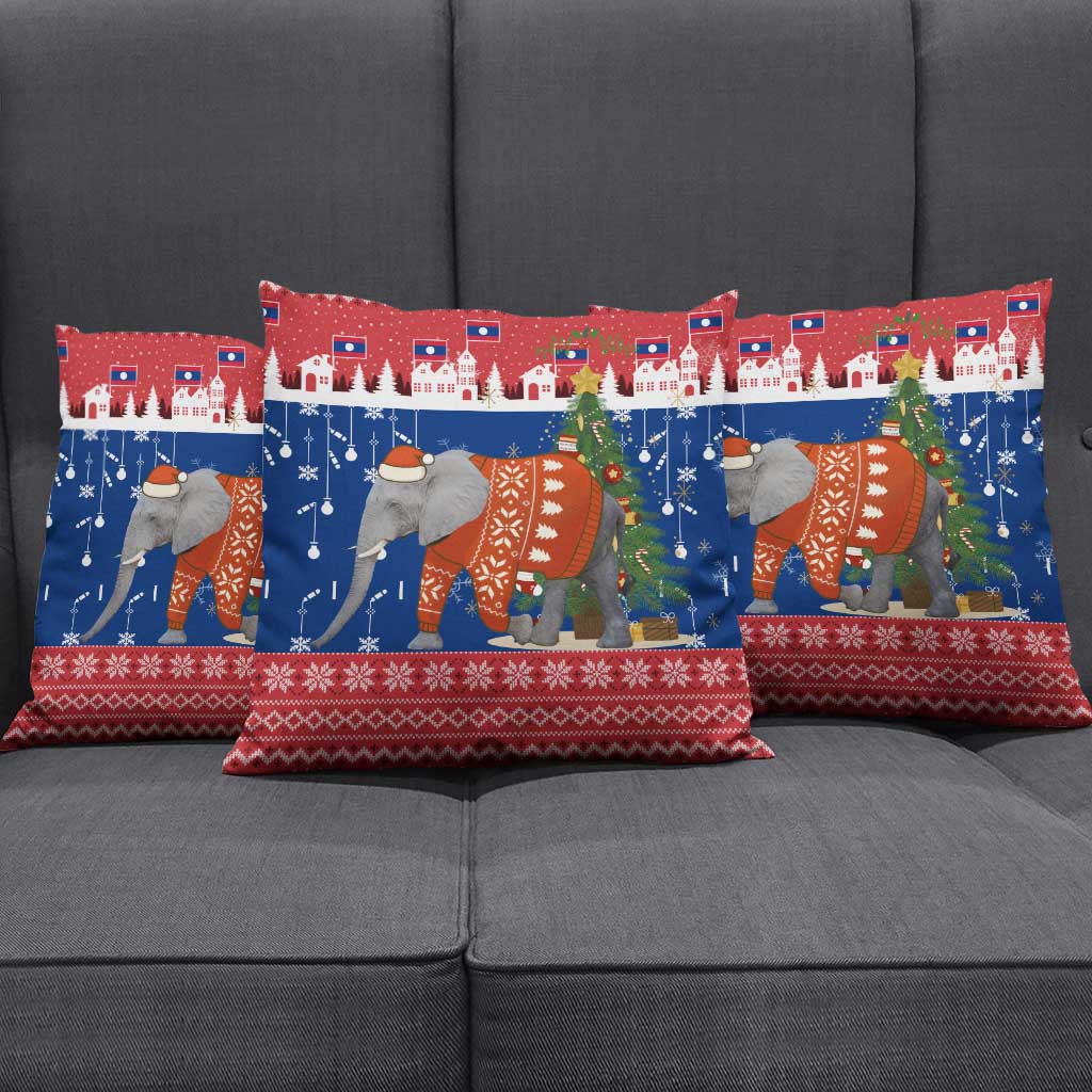 Laos Christmas Pillow Cover with Festive Elephant Design and Holiday Village Pattern - Wonder Print Shop
