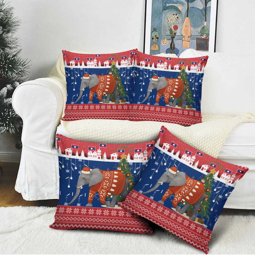 Laos Christmas Pillow Cover with Festive Elephant Design and Holiday Village Pattern - Wonder Print Shop