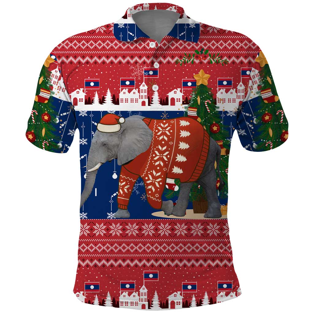 Laos Christmas Polo Shirt with Festive Elephant Design and Holiday Village Pattern - Wonder Print Shop