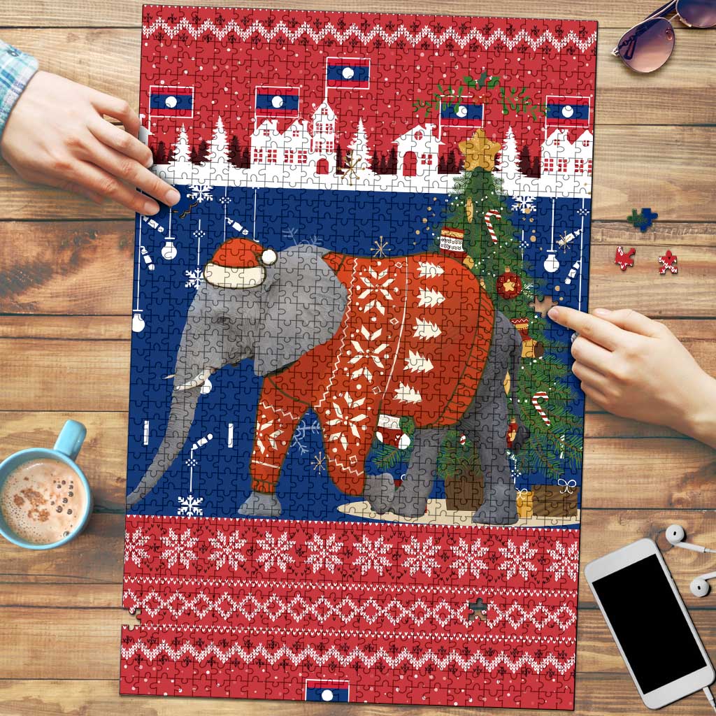 Laos Christmas Puzzle with Festive Elephant Design and Holiday Village Pattern - Wonder Print Shop