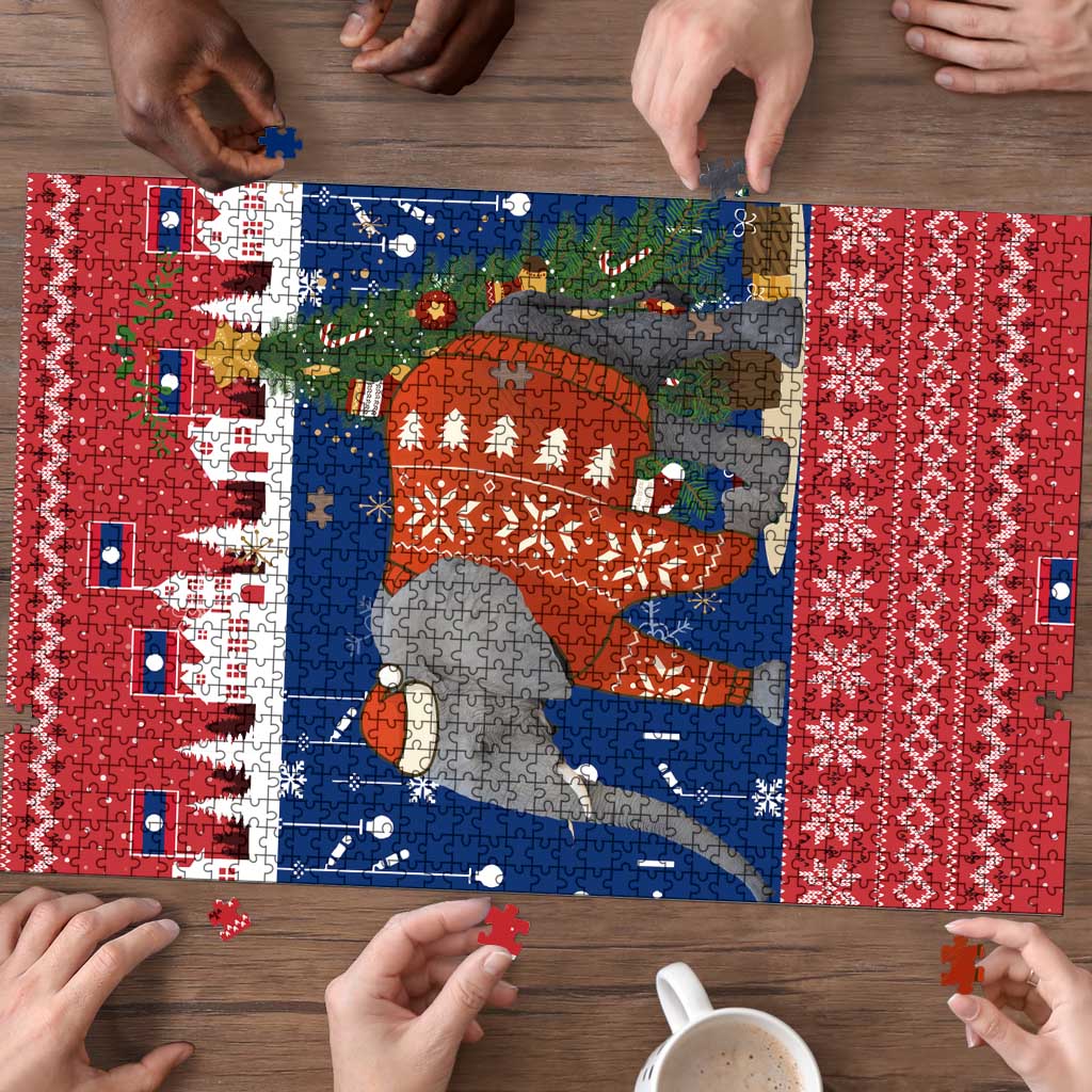 Laos Christmas Puzzle with Festive Elephant Design and Holiday Village Pattern - Wonder Print Shop