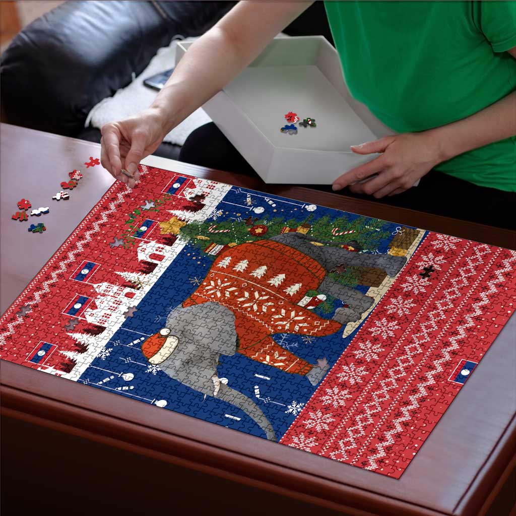 Laos Christmas Puzzle with Festive Elephant Design and Holiday Village Pattern - Wonder Print Shop