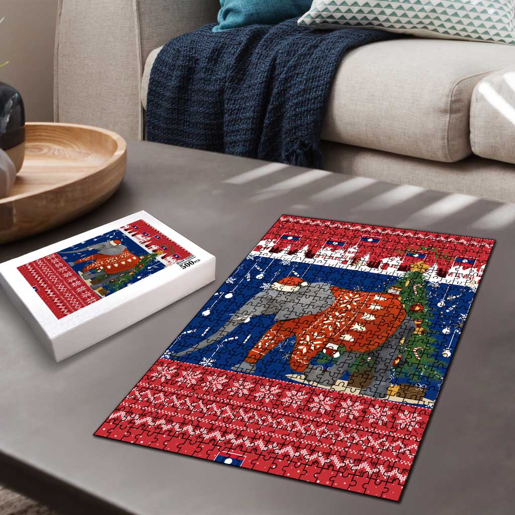 Laos Christmas Puzzle with Festive Elephant Design and Holiday Village Pattern - Wonder Print Shop