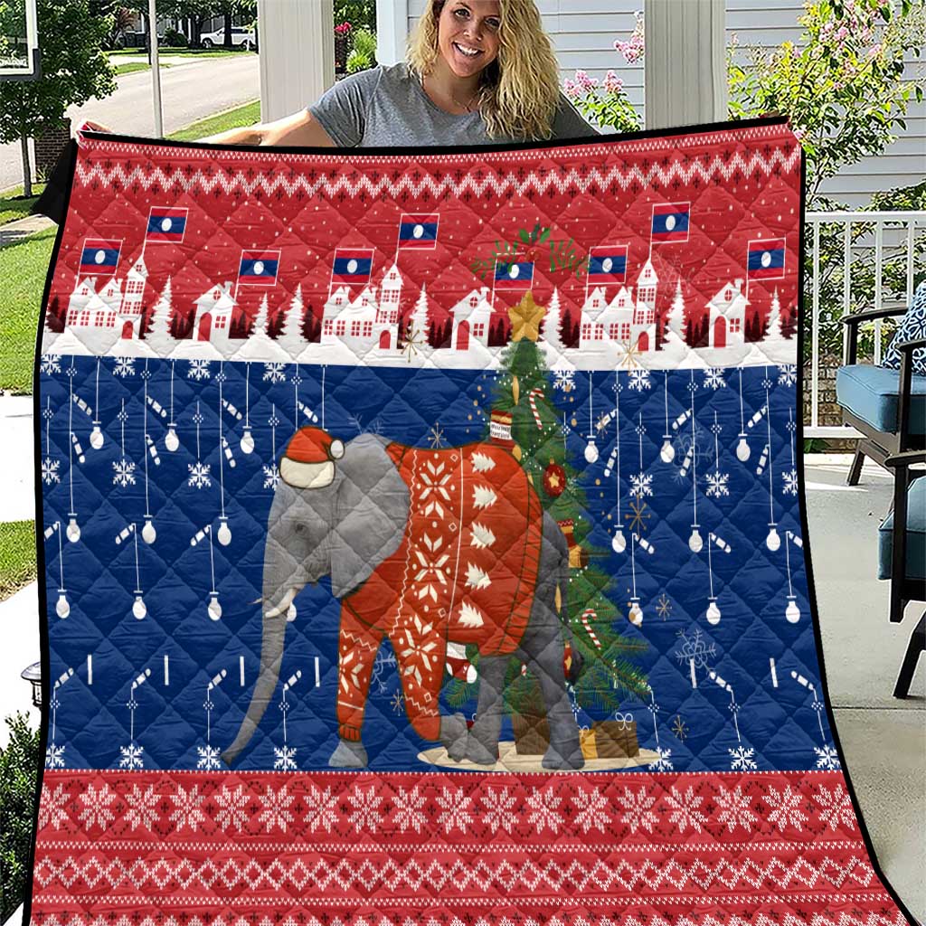 Laos Christmas Quilt with Festive Elephant Design and Holiday Village Pattern - Wonder Print Shop