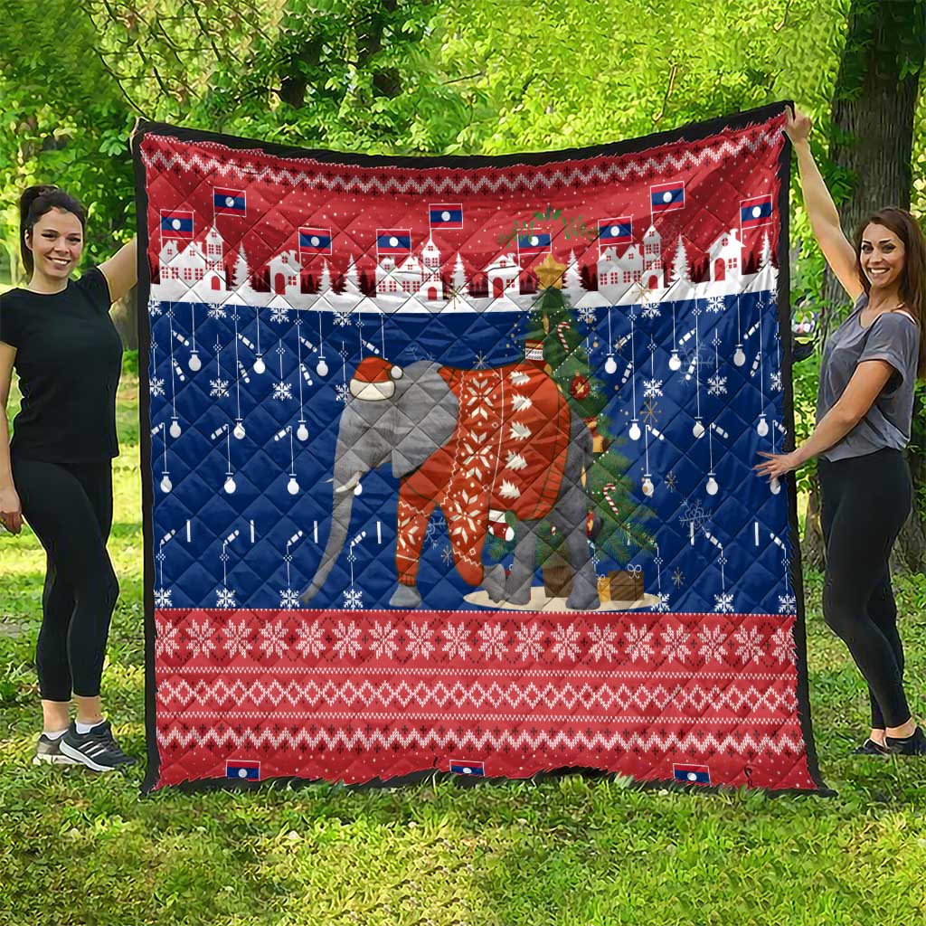 Laos Christmas Quilt with Festive Elephant Design and Holiday Village Pattern - Wonder Print Shop