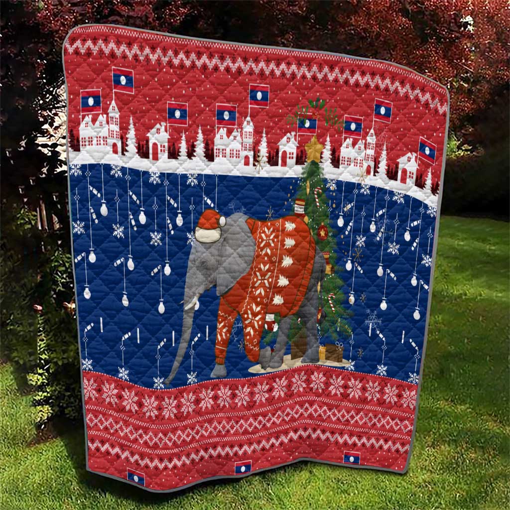 Laos Christmas Quilt with Festive Elephant Design and Holiday Village Pattern - Wonder Print Shop