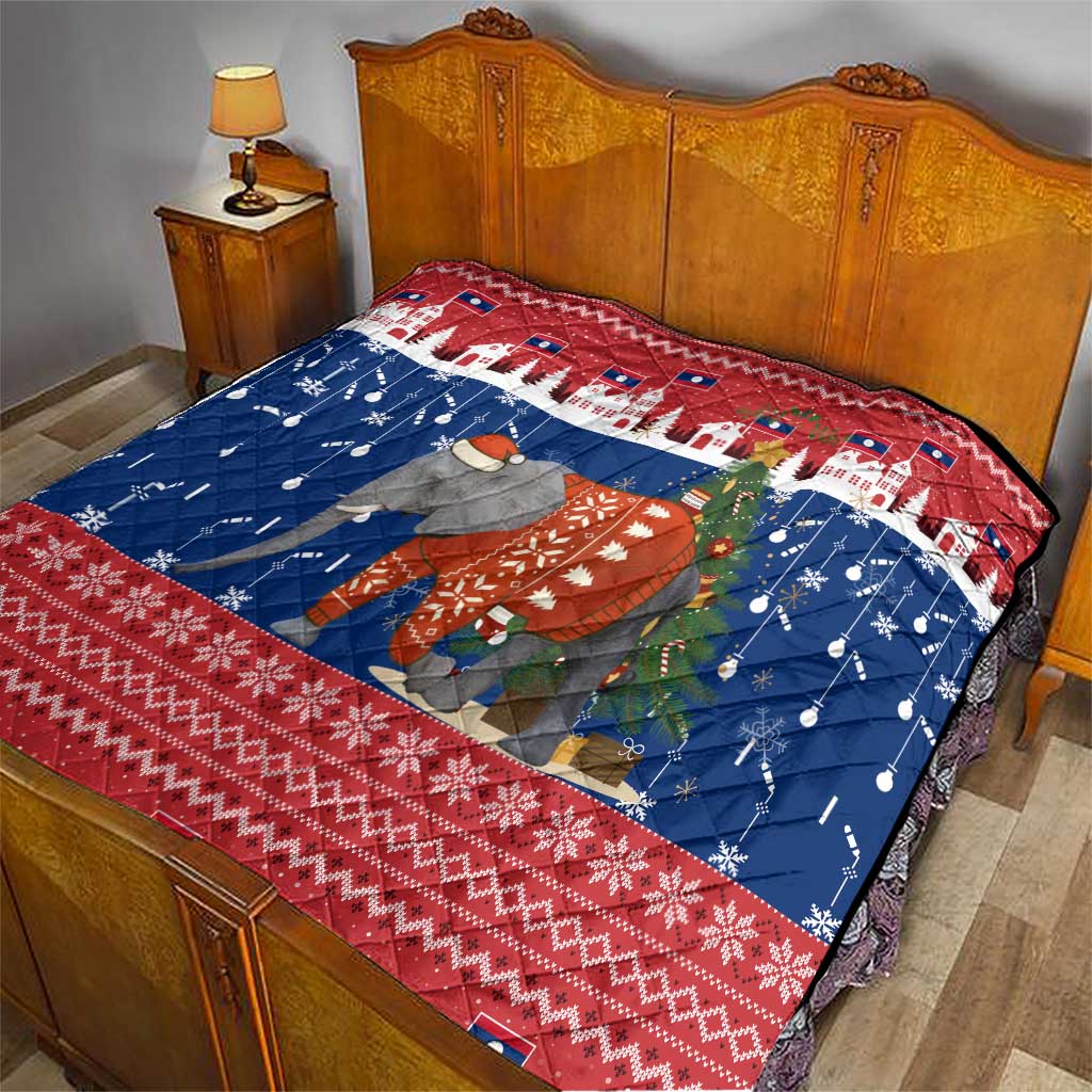 Laos Christmas Quilt with Festive Elephant Design and Holiday Village Pattern - Wonder Print Shop