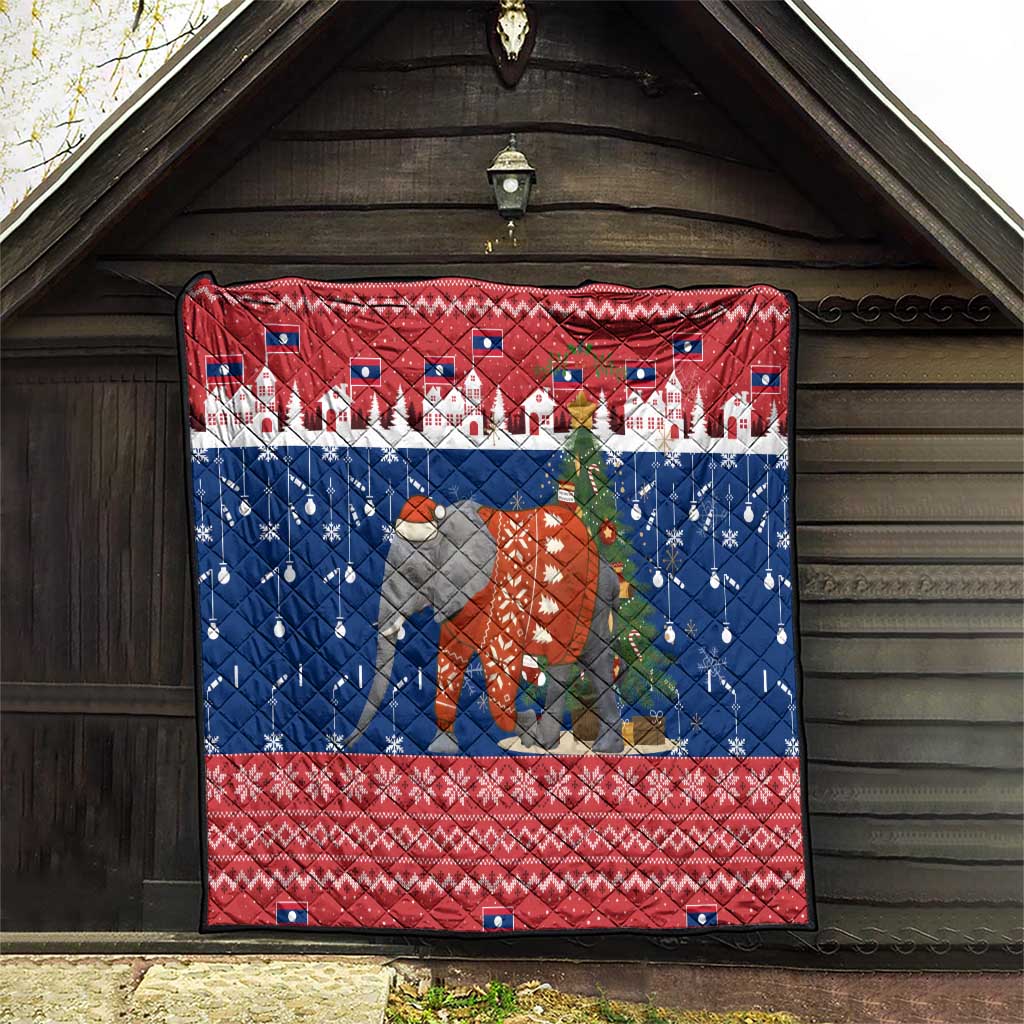Laos Christmas Quilt with Festive Elephant Design and Holiday Village Pattern - Wonder Print Shop