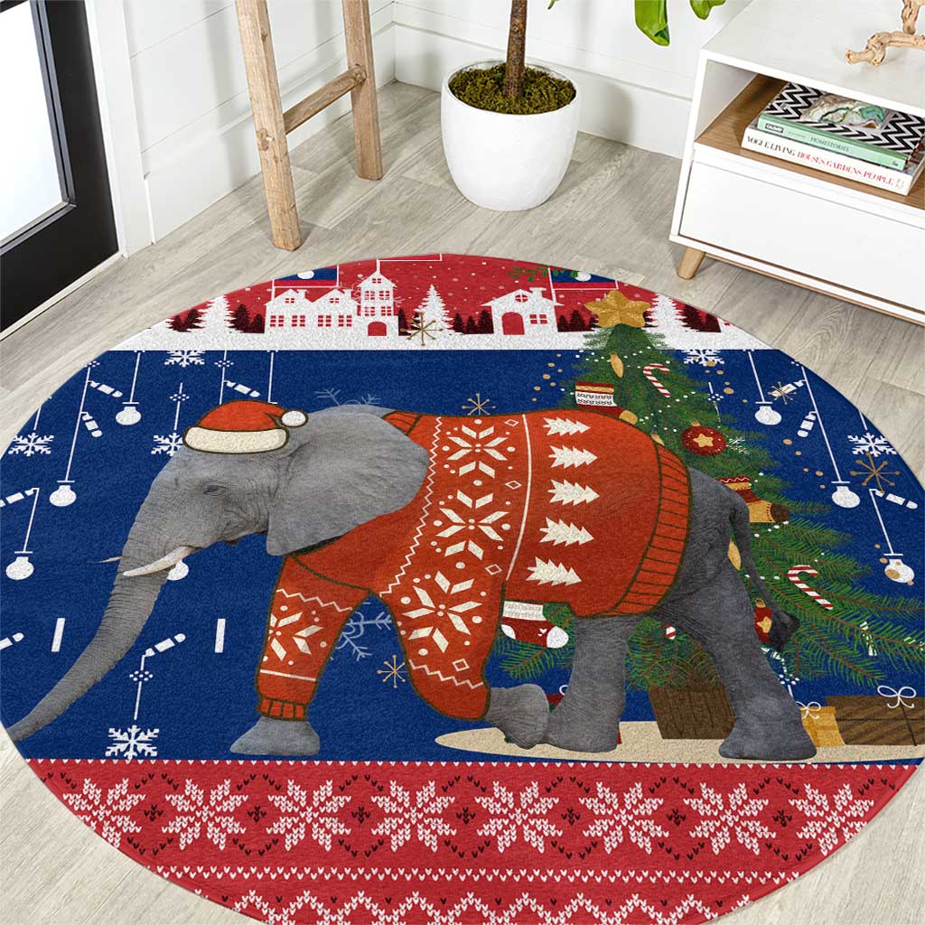 Laos Christmas Round Carpet with Festive Elephant Design and Holiday Village Pattern - Wonder Print Shop