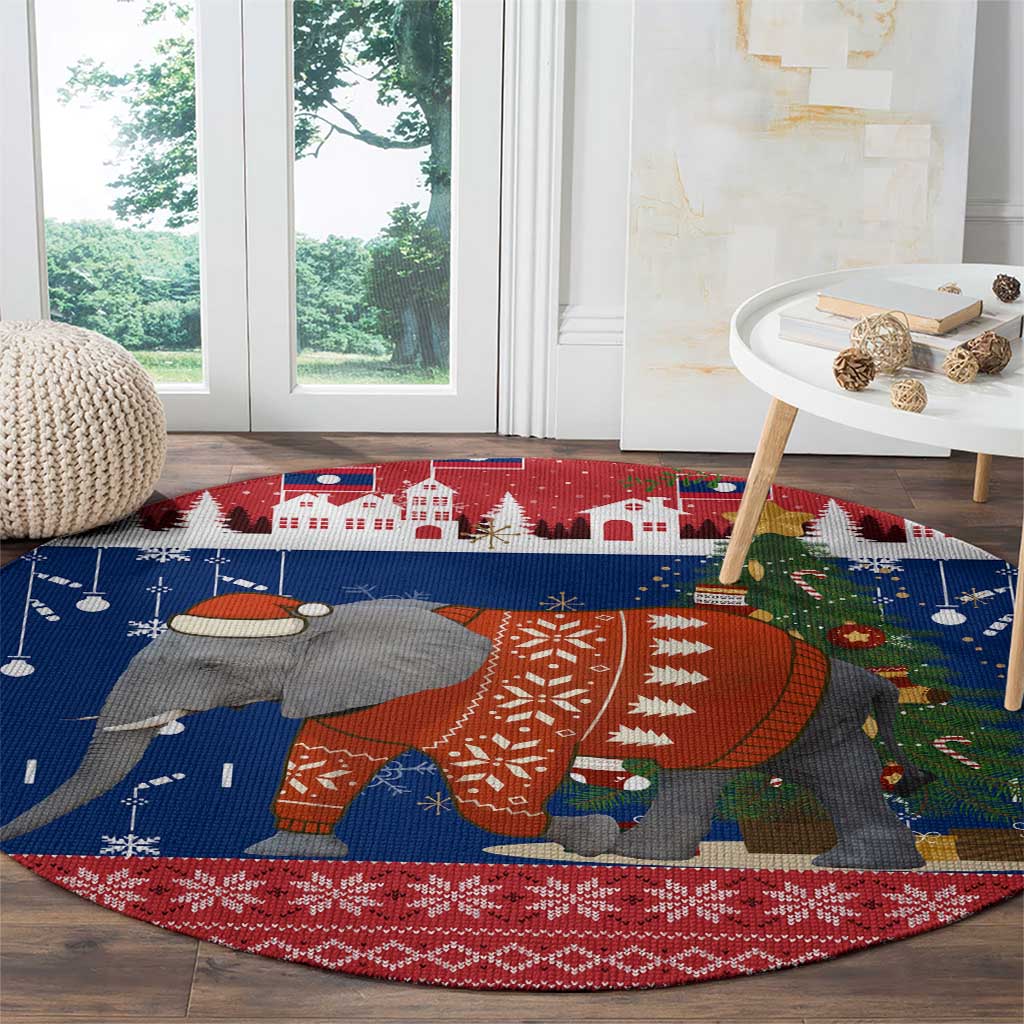 Laos Christmas Round Carpet with Festive Elephant Design and Holiday Village Pattern - Wonder Print Shop