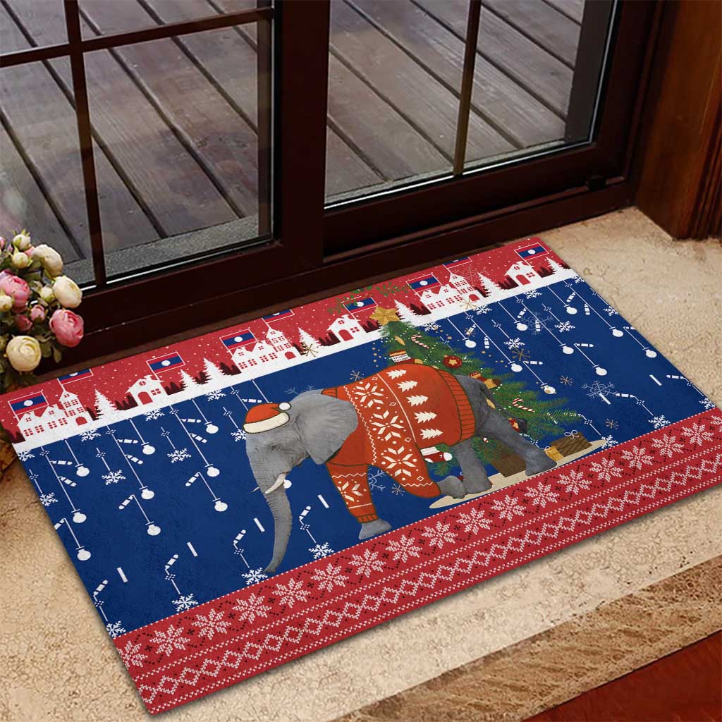 Laos Christmas Rubber Doormat with Festive Elephant Design and Holiday Village Pattern - Wonder Print Shop