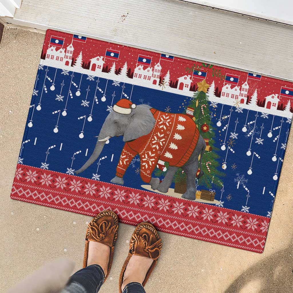Laos Christmas Rubber Doormat with Festive Elephant Design and Holiday Village Pattern - Wonder Print Shop