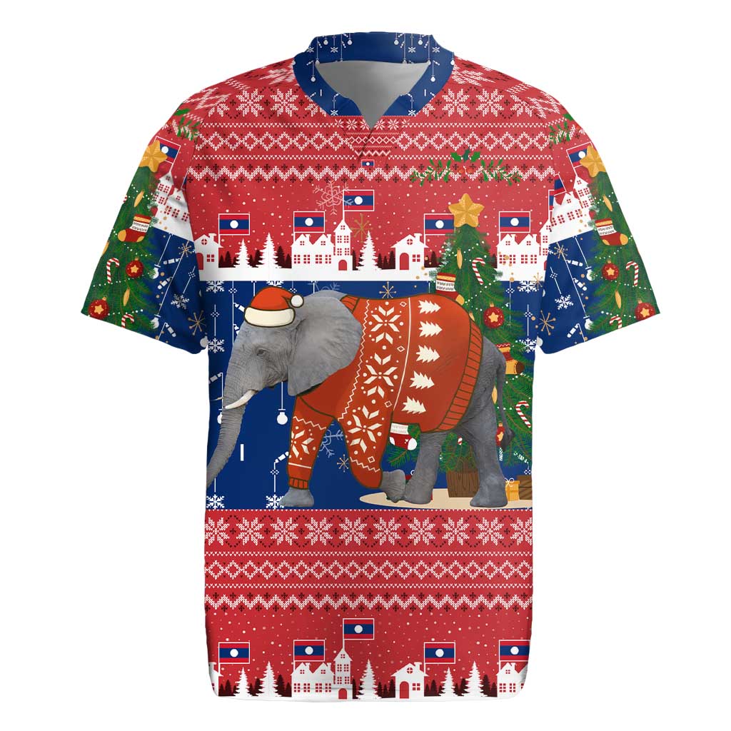 Laos Christmas Rugby Jersey with Festive Elephant Design and Holiday Village Pattern - Wonder Print Shop