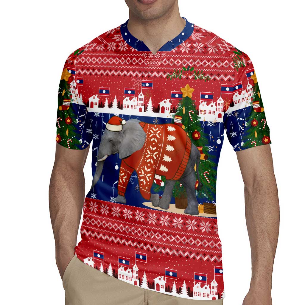 Laos Christmas Rugby Jersey with Festive Elephant Design and Holiday Village Pattern - Wonder Print Shop