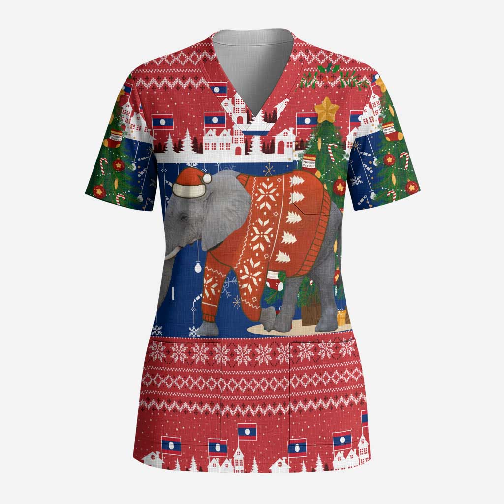 Laos Christmas Scrub Top with Festive Elephant Design and Holiday Village Pattern - Wonder Print Shop