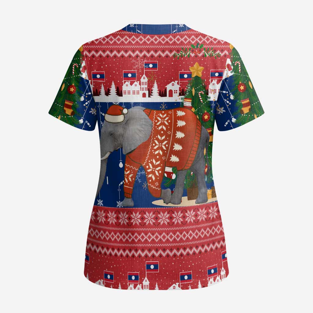 Laos Christmas Scrub Top with Festive Elephant Design and Holiday Village Pattern - Wonder Print Shop